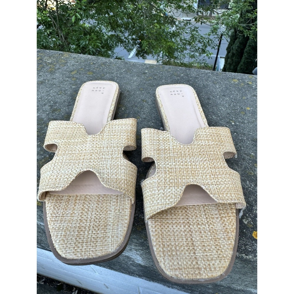 A New Day Women's Raffia Woven H Band Slide Sandals Square Toe Beige Size 11